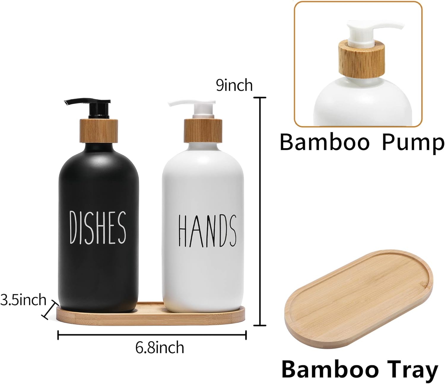 FEILANDUO Glass Soap Dispenser Set, Dish Soap Dispenser for Kitchen Sink, Hand Soap Dispenser for Bathroom with Bamboo Pump and Soap Tray, Farmhouse Home Decor (B-Black + White)-5