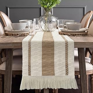 VAKOWOO Table Runner Macrame, Cream Beige Table Runner with Tassels 180cm Long, Cotton and Burlap Splicing Table Runners for Bohemian, Decorate for Bedroom, Cabinet, Wedding, Banquet