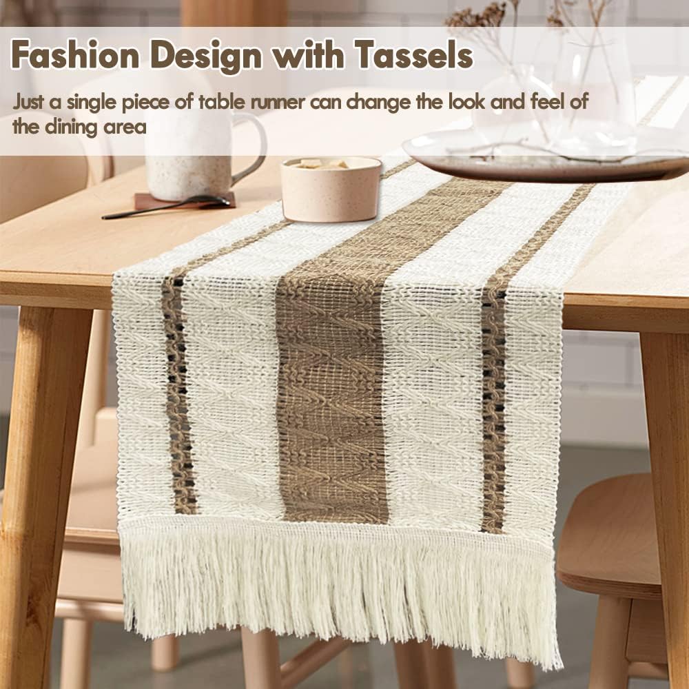 VAKOWOO Table Runner Macrame, Cream Beige Table Runner with Tassels 180cm Long, Cotton and Burlap Splicing Table Runners for Bohemian, Decorate for Bedroom, Cabinet, Wedding, Banquet-2