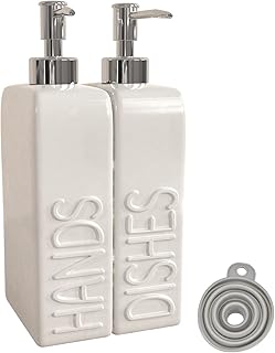 Karisky Soap Dispenser Set with Funnel, Non-Slip Silicone Pads, 2 Pack Ceramic Refillable Dish Soap and Hand Soap Dispenser for Kitchen, Bathroom, Matte White