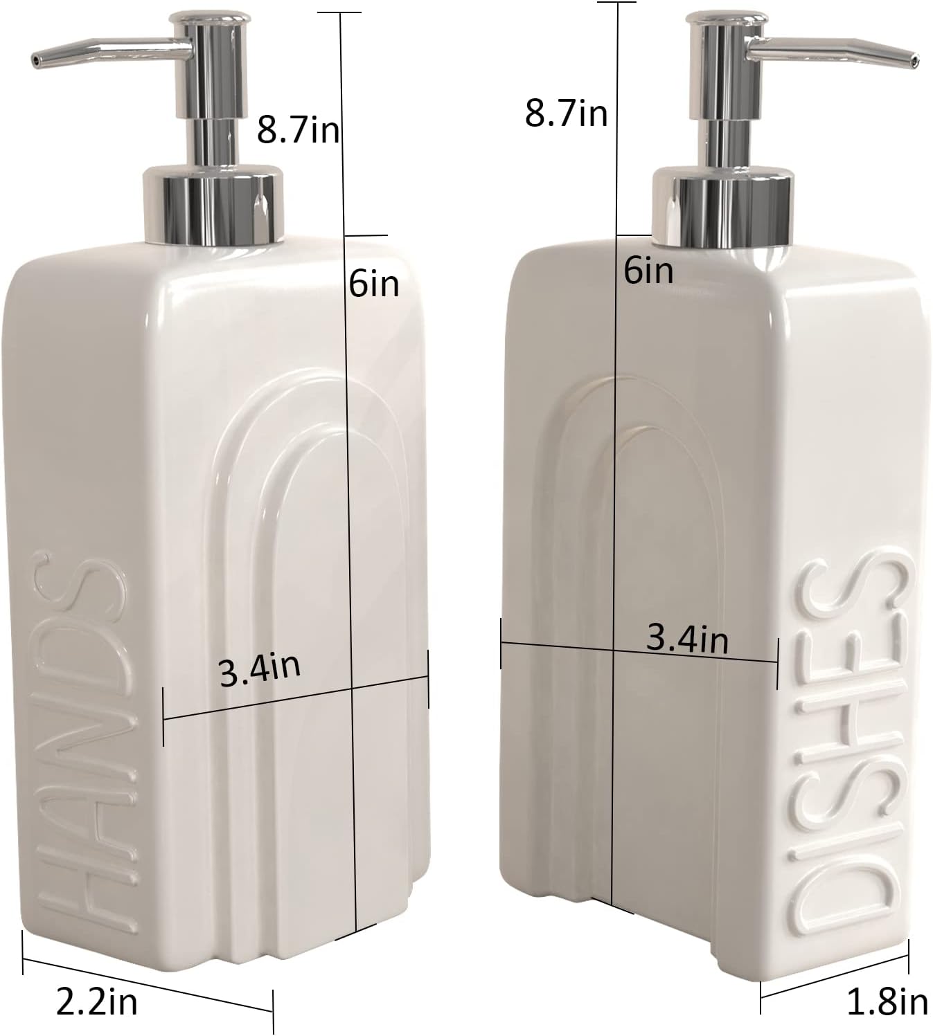 Karisky Soap Dispenser Set with Funnel, Non-Slip Silicone Pads, 2 Pack Ceramic Refillable Dish Soap and Hand Soap Dispenser for Kitchen, Bathroom, Matte White-3