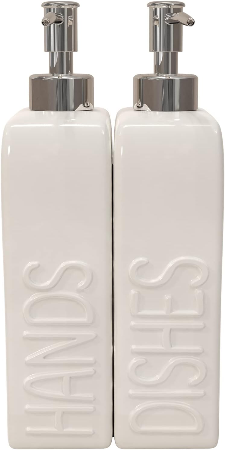 Karisky Soap Dispenser Set with Funnel, Non-Slip Silicone Pads, 2 Pack Ceramic Refillable Dish Soap and Hand Soap Dispenser for Kitchen, Bathroom, Matte White-5