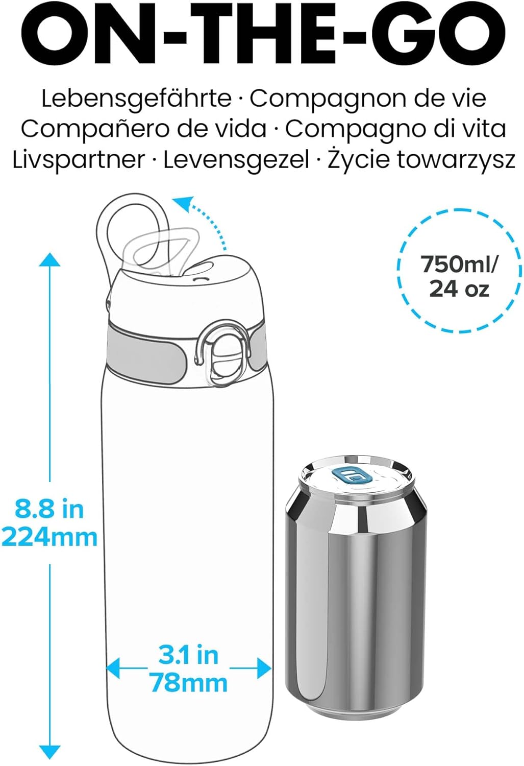 Ion8 Water Bottle, 750 ml/24 oz, Leak Proof, Easy to Open, Secure Lock, Dishwasher Safe, BPA Free, Flip Cover, Carry Handle, Soft Touch Contoured Grip, Easy Clean, Odour Free, Carbon Neutral-3