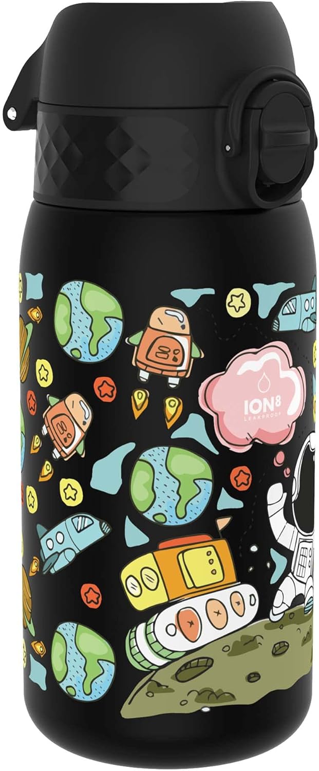 Ion8 Kids Water Bottle, Leak Proof, Easy to Open, Secure Lock, Dishwasher Safe, BPA Free, Carry Handle, Hygienic Flip Cover, Easy Clean, Odour Free, Space Man Design-0