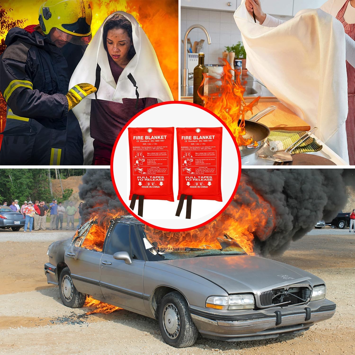 Fire Blanket for Kitchen Home Emergency - Fiberglass Blankets Fire Survival Suspension Flames Retardant Extinguisher for School Car Garage Office Fire Camping Caravan Safety (4Pcs 1M Fire Blanket)-3