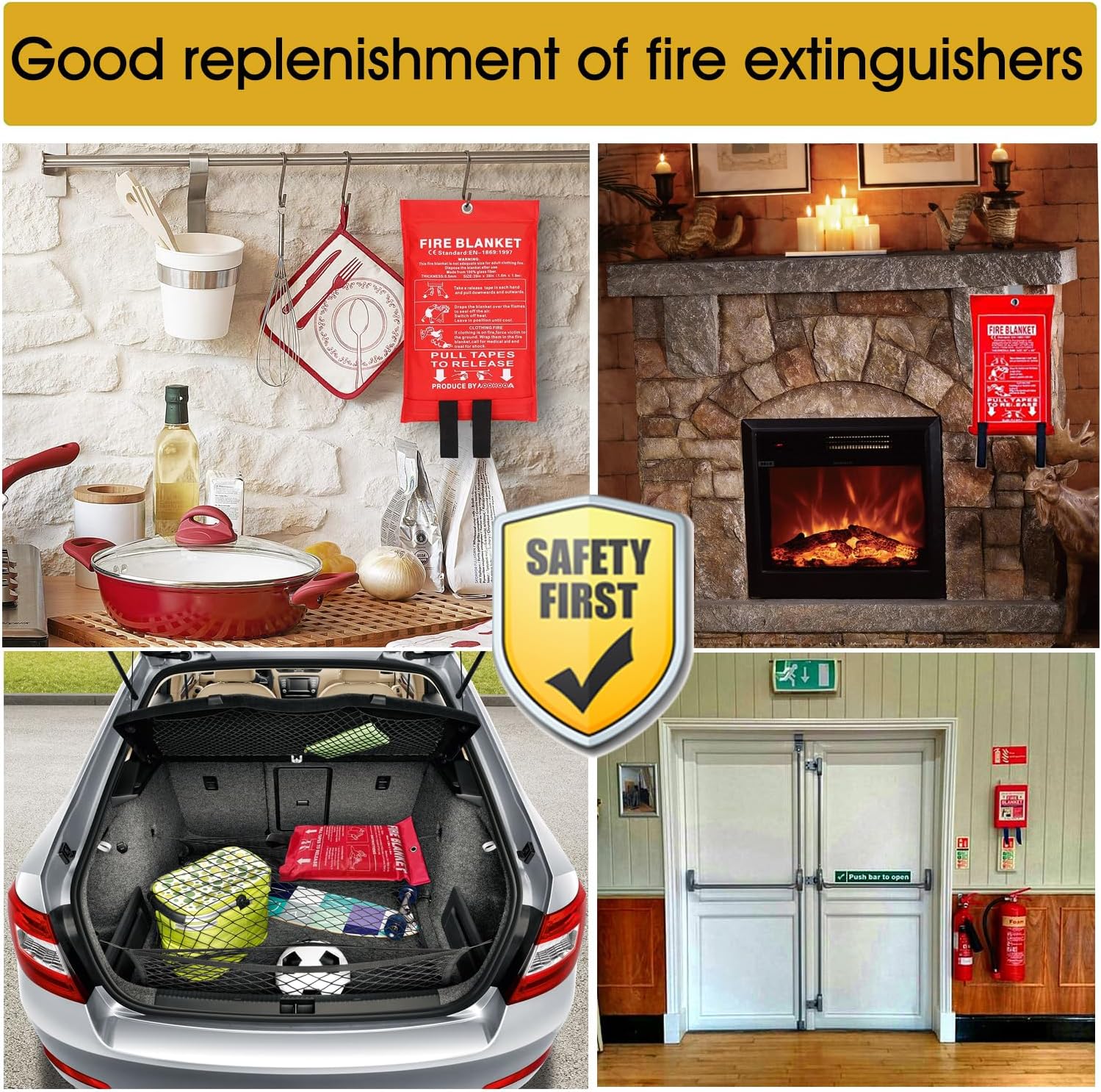 Fire Blanket for Kitchen Home Emergency - Fiberglass Blankets Fire Survival Suspension Flames Retardant Extinguisher for School Car Garage Office Fire Camping Caravan Safety (4Pcs 1M Fire Blanket)-4