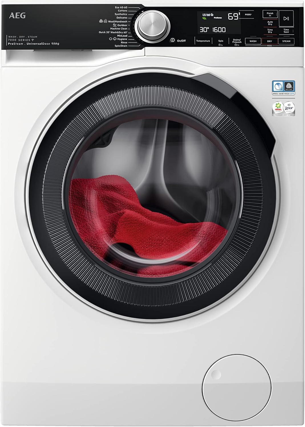 AEG 7000 Series Washer Dryer 9 kg Wash/6kg Dry Load LWR7596O5U, UniversalDose Prosteam Freestanding Washer Dryer using 96% less water, 1600rpm Spin, Energy Class A, White-0