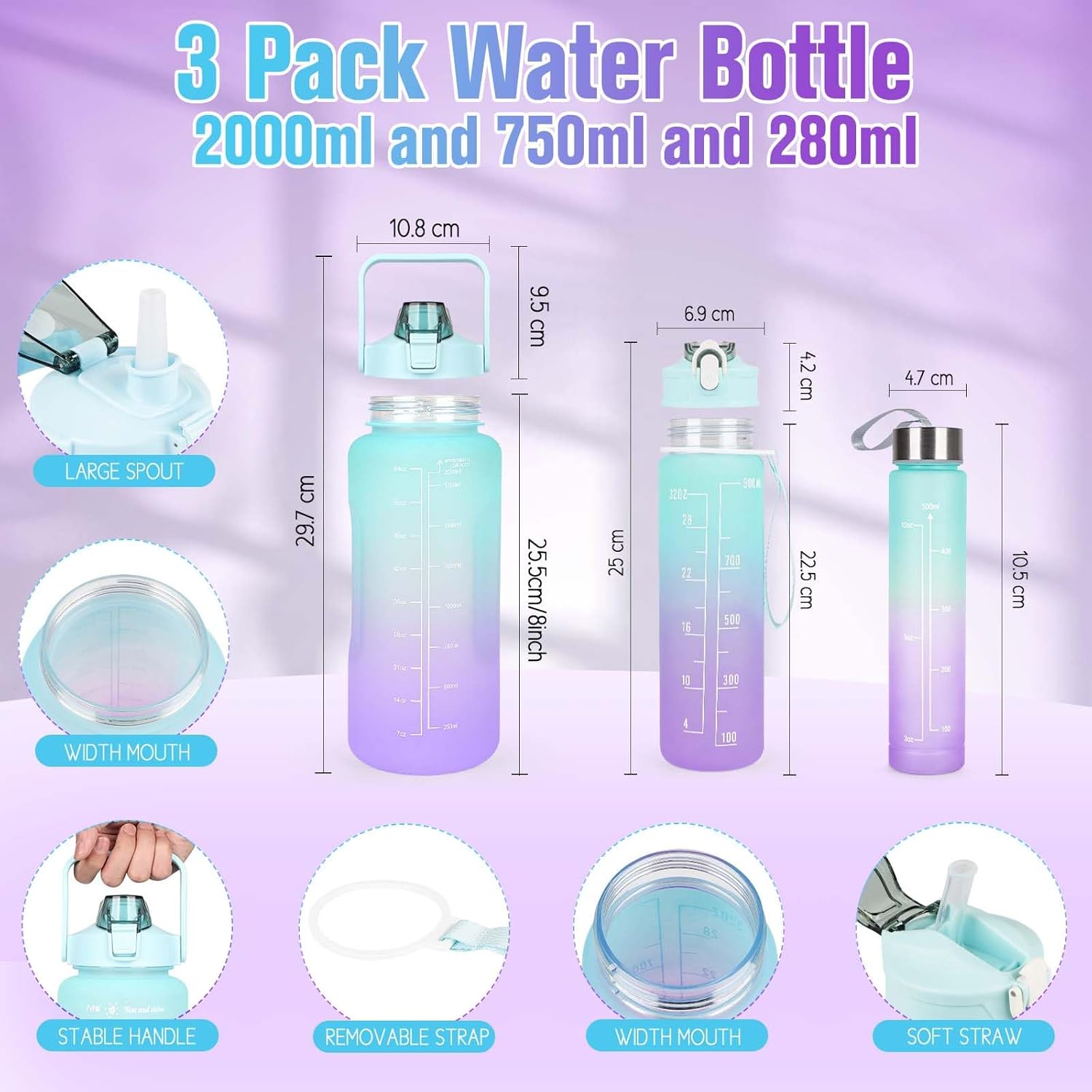 CodiCile 3 Pack Water Bottle 2L+750ml+200ml,Sport Water Bottle With Time Marking, Leak Proof Gym Drinking Bottle BPA Free, 2 Liters Large Canteen Water Bottle With Straw For Women Men-1