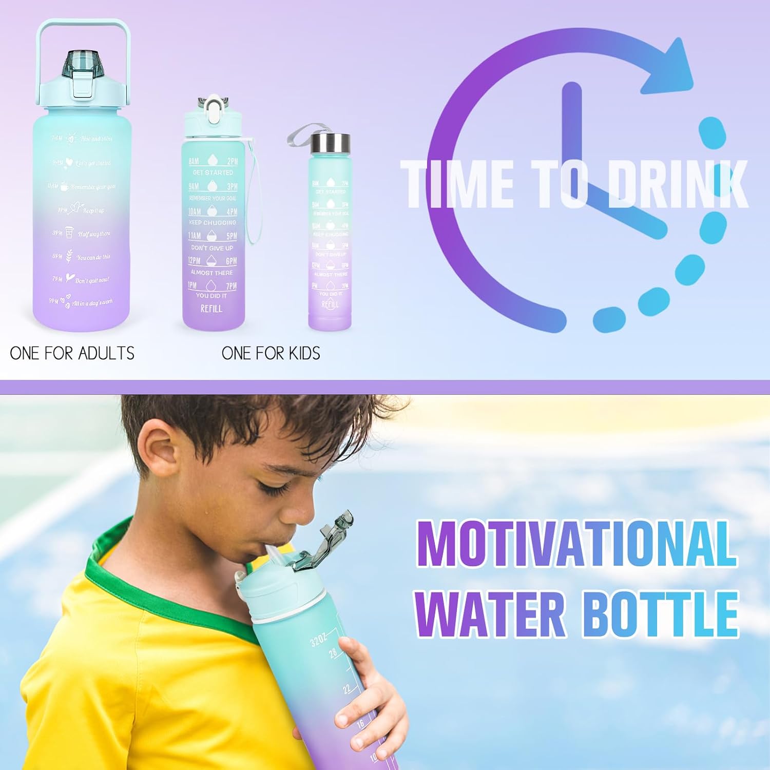 CodiCile 3 Pack Water Bottle 2L+750ml+200ml,Sport Water Bottle With Time Marking, Leak Proof Gym Drinking Bottle BPA Free, 2 Liters Large Canteen Water Bottle With Straw For Women Men-2