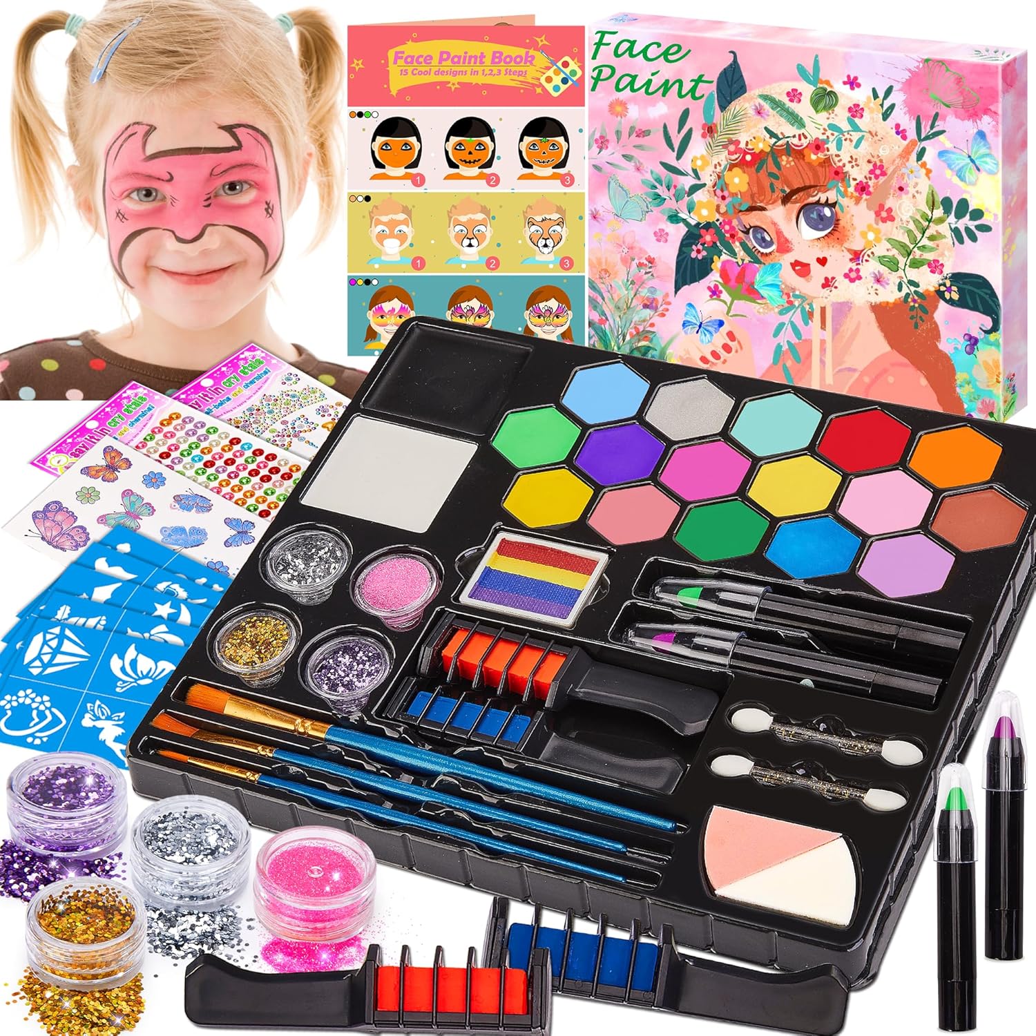 Chennyfun Face Paint Kit for Kids, 18 Colors Professional Face Painting Kit, Water Based Paints With Gem Sheet, Glitters, Stencils, Hair Chalks, Safe Body Painting for Carnival, Makeup & Party Cosplay