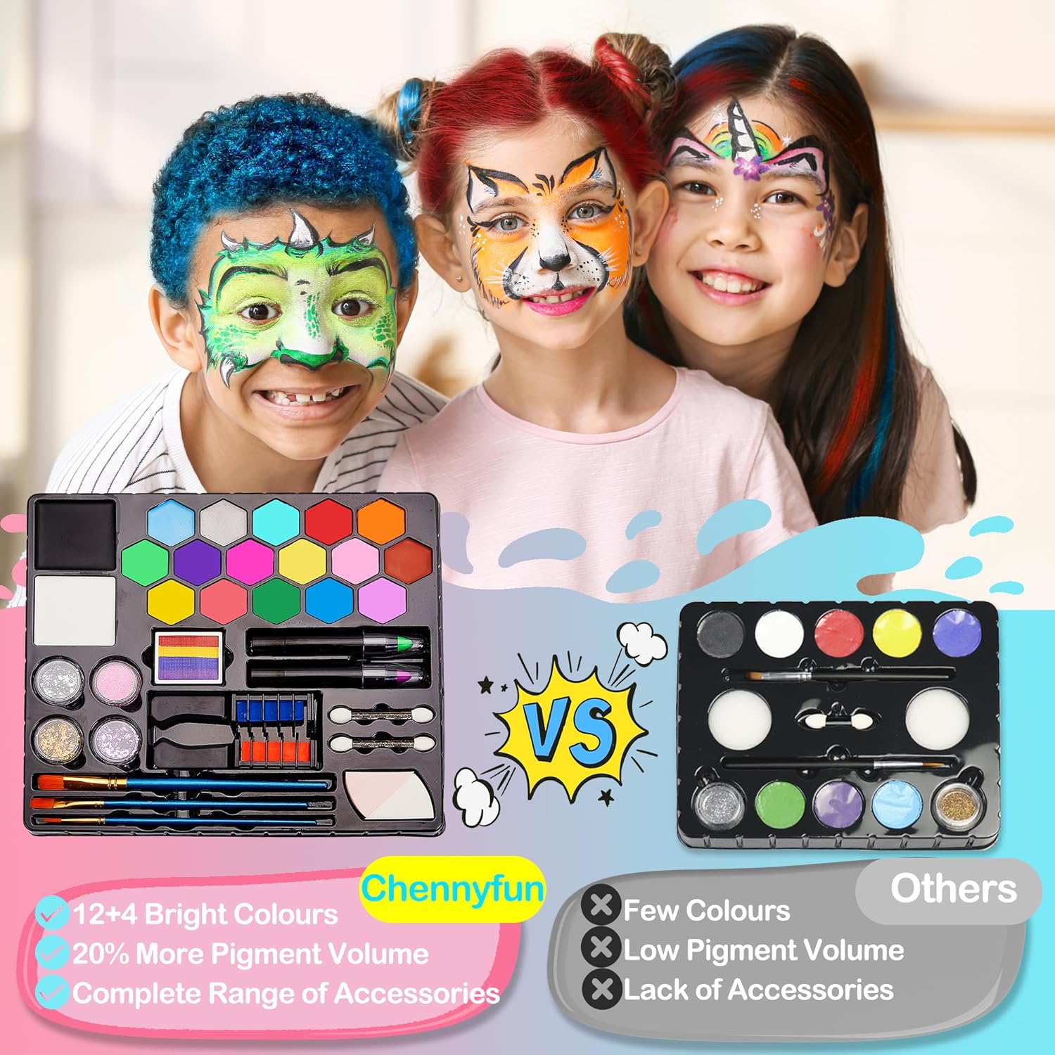 Chennyfun Face Paint Kit for Kids, 18 Colors Professional Face Painting Kit, Water Based Paints With Gem Sheet, Glitters, Stencils, Hair Chalks, Safe Body Painting for Carnival, Makeup & Party Cosplay-1