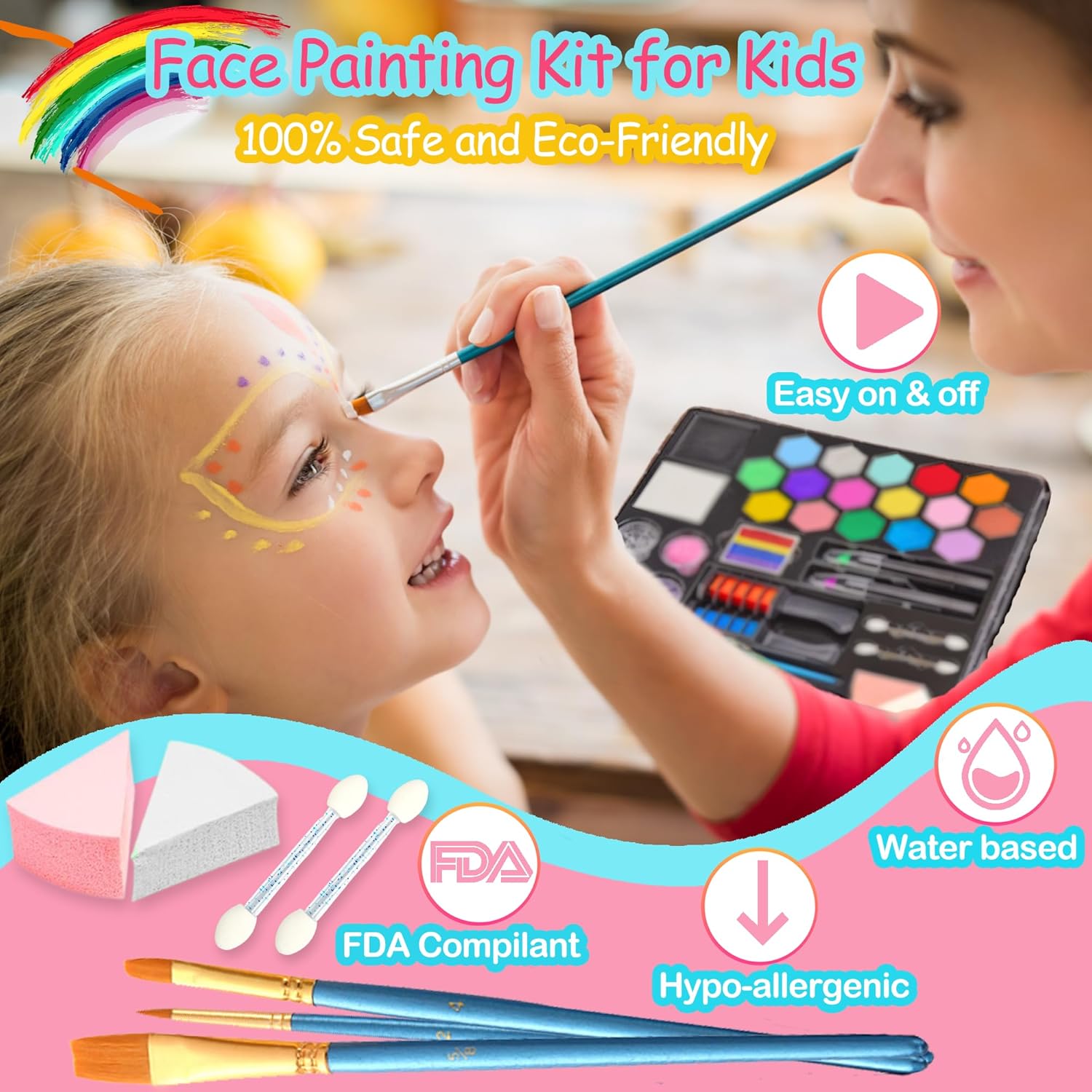 Chennyfun Face Paint Kit for Kids, 18 Colors Professional Face Painting Kit, Water Based Paints With Gem Sheet, Glitters, Stencils, Hair Chalks, Safe Body Painting for Carnival, Makeup & Party Cosplay-2