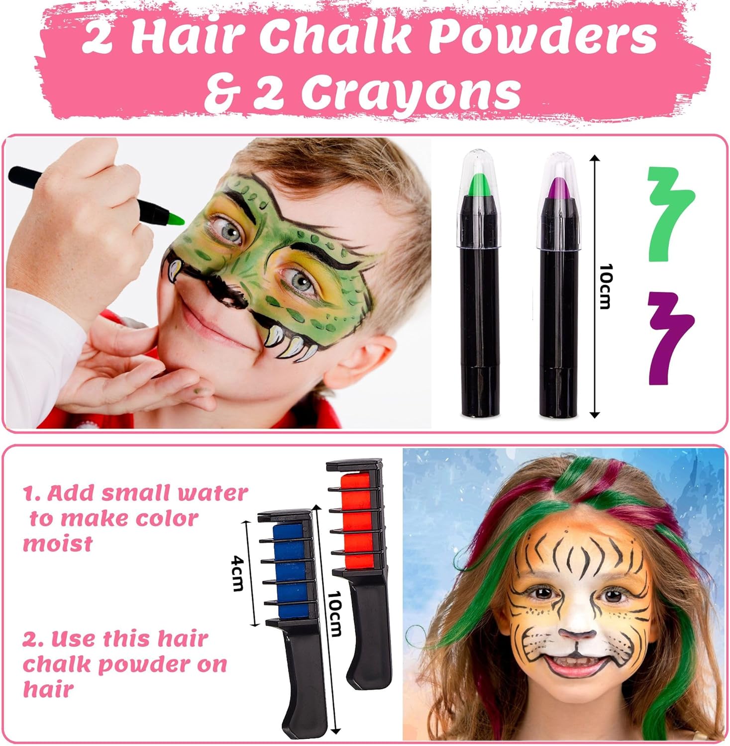 Chennyfun Face Paint Kit for Kids, 18 Colors Professional Face Painting Kit, Water Based Paints With Gem Sheet, Glitters, Stencils, Hair Chalks, Safe Body Painting for Carnival, Makeup & Party Cosplay-7