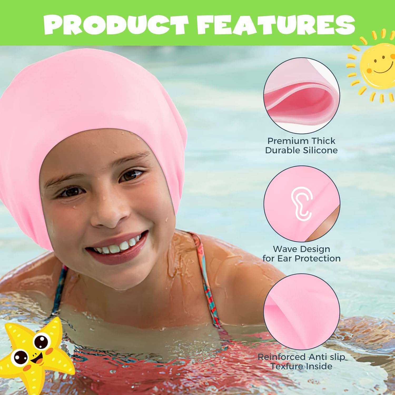 2 Pack Extra Large Swimming Cap for Kids - Long Hair Swimming Cap for Kids, kids Swimming Cap for Girls&Boys with Long Curly Hair Braids Dreadlocks - Silicone Swimming Cap Kids 6-14, Keep Hair Dry-2