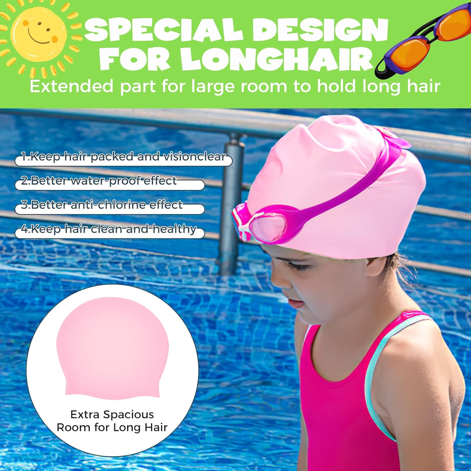 2 Pack Extra Large Swimming Cap for Kids - Long Hair Swimming Cap for Kids, kids Swimming Cap for Girls&Boys with Long Curly Hair Braids Dreadlocks - Silicone Swimming Cap Kids 6-14, Keep Hair Dry-3