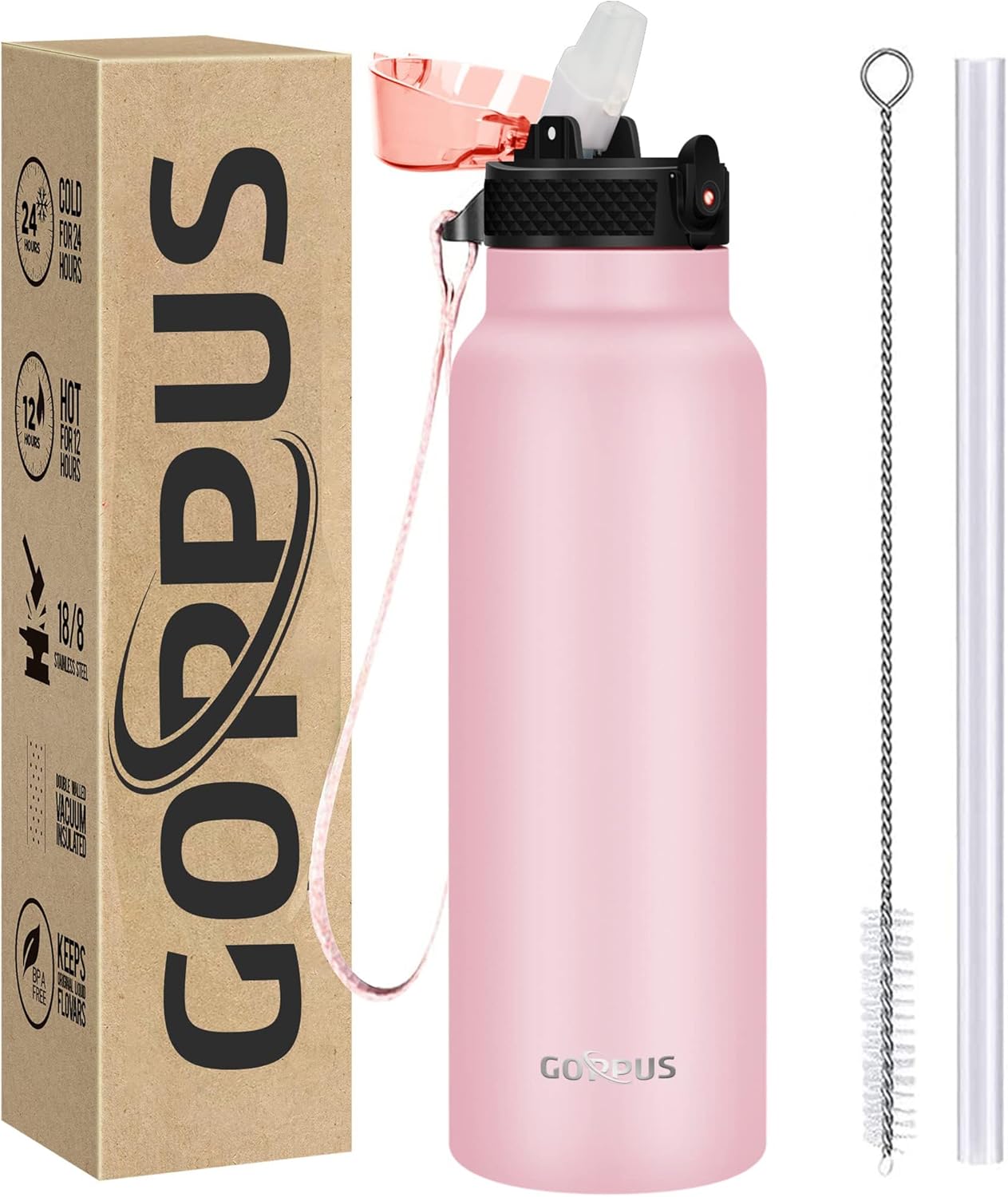 GOPPUS 750ml/24oz Insulated Water Bottles with Straw 0.75 Litre Metal Bottles Steel Thermal Flask Stainless Steel Gym Bottle Double Walled Drinks Bottle Leakproof Hot/Cold Water Flask BPA Free-0