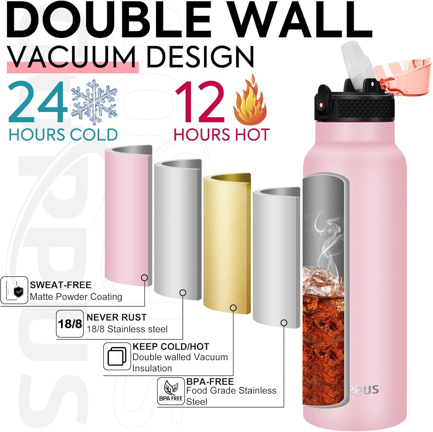 GOPPUS 750ml/24oz Insulated Water Bottles with Straw 0.75 Litre Metal Bottles Steel Thermal Flask Stainless Steel Gym Bottle Double Walled Drinks Bottle Leakproof Hot/Cold Water Flask BPA Free-1