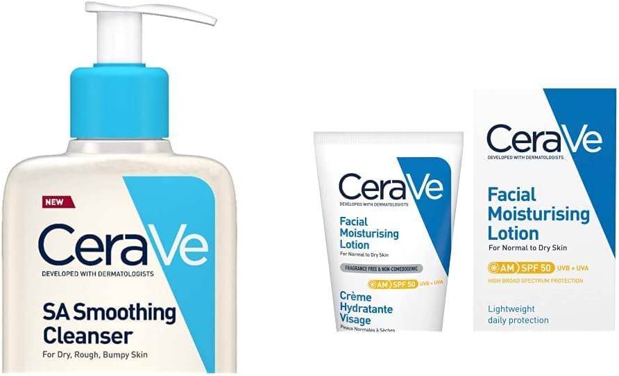 CeraVe SA Smoothing Face and Body Cleanser for Dry, Rough and Bumpy Skin 236ml with Salicylic Acid & AM Facial Moisturising Lotion SPF50 with Ceramides & Vitamin E for Normal to Dry Skin 52ml-0