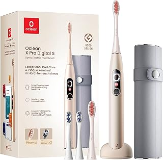 Oclean X Pro Digital Electric Toothbrush with 4X Brush Heads & Travel Case, Smart Sonic Toothbrush Kit for Adults, Real-time 8 Areas Tracking with Touch Screen, 3 Modes-Golden