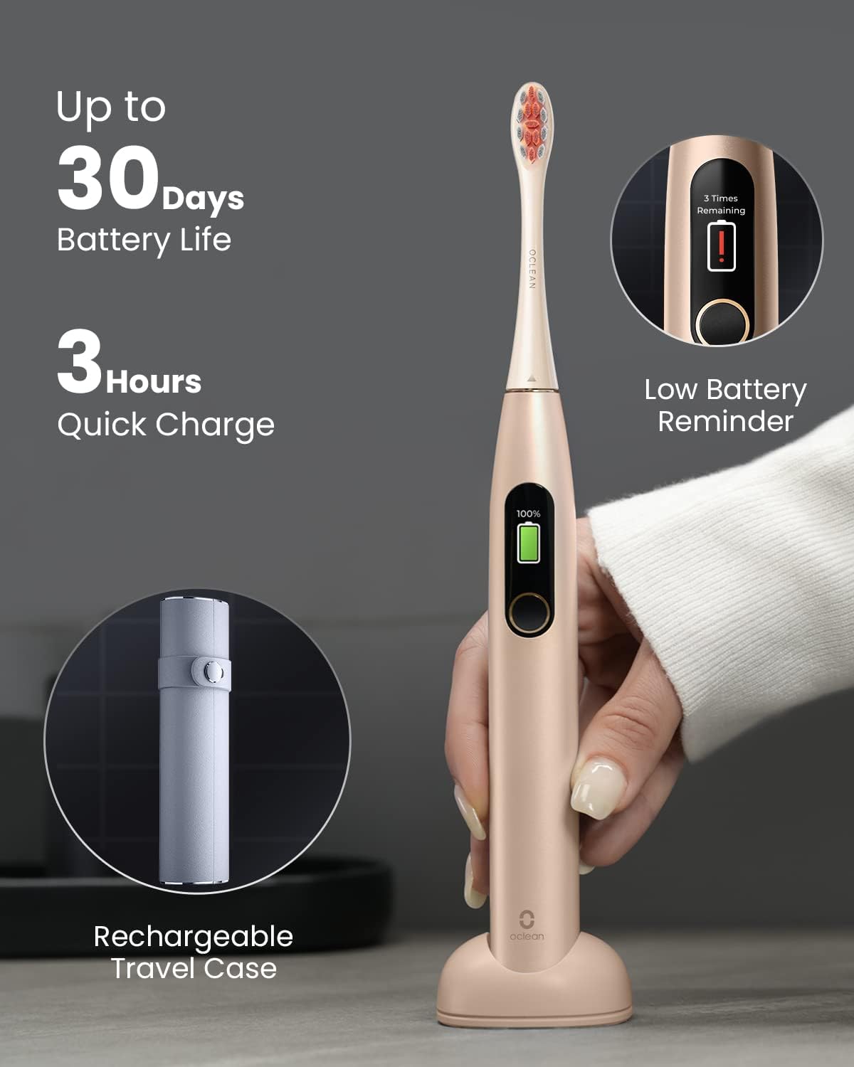 Oclean X Pro Digital Electric Toothbrush with 4X Brush Heads & Travel Case, Smart Sonic Toothbrush Kit for Adults, Real-time 8 Areas Tracking with Touch Screen, 3 Modes-Golden-4