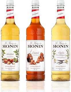 Monin Premium Flavoured Syrup Bundle | 1L Monin Syrup Bottles of Vanilla Syrup, Caramel Syrup, & Hazelnut Syrup | Cocktails & Coffee Syrup Set with Free Recipe Card