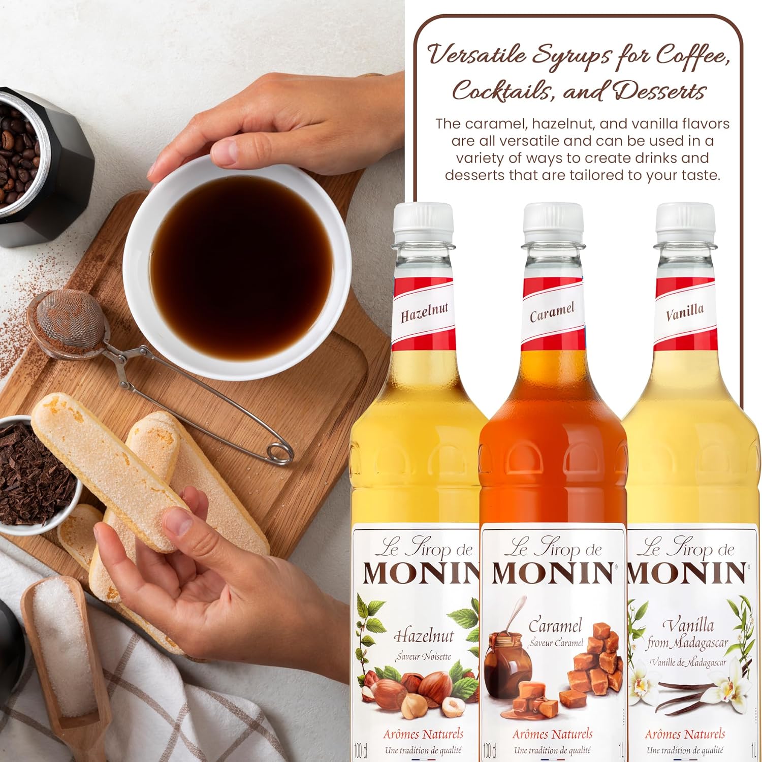 Monin Premium Flavoured Syrup Bundle | 1L Monin Syrup Bottles of Vanilla Syrup, Caramel Syrup, & Hazelnut Syrup | Cocktails & Coffee Syrup Set with Free Recipe Card-1