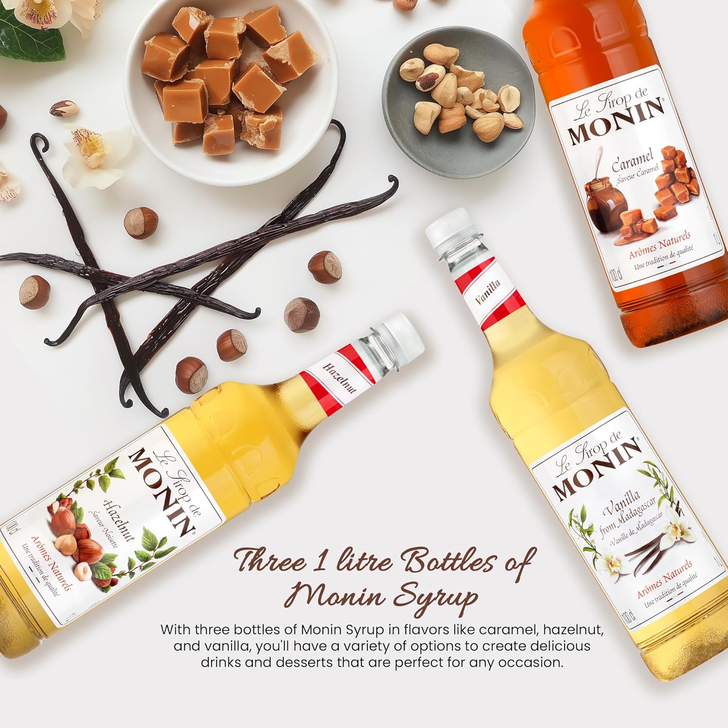 Monin Premium Flavoured Syrup Bundle | 1L Monin Syrup Bottles of Vanilla Syrup, Caramel Syrup, & Hazelnut Syrup | Cocktails & Coffee Syrup Set with Free Recipe Card-3