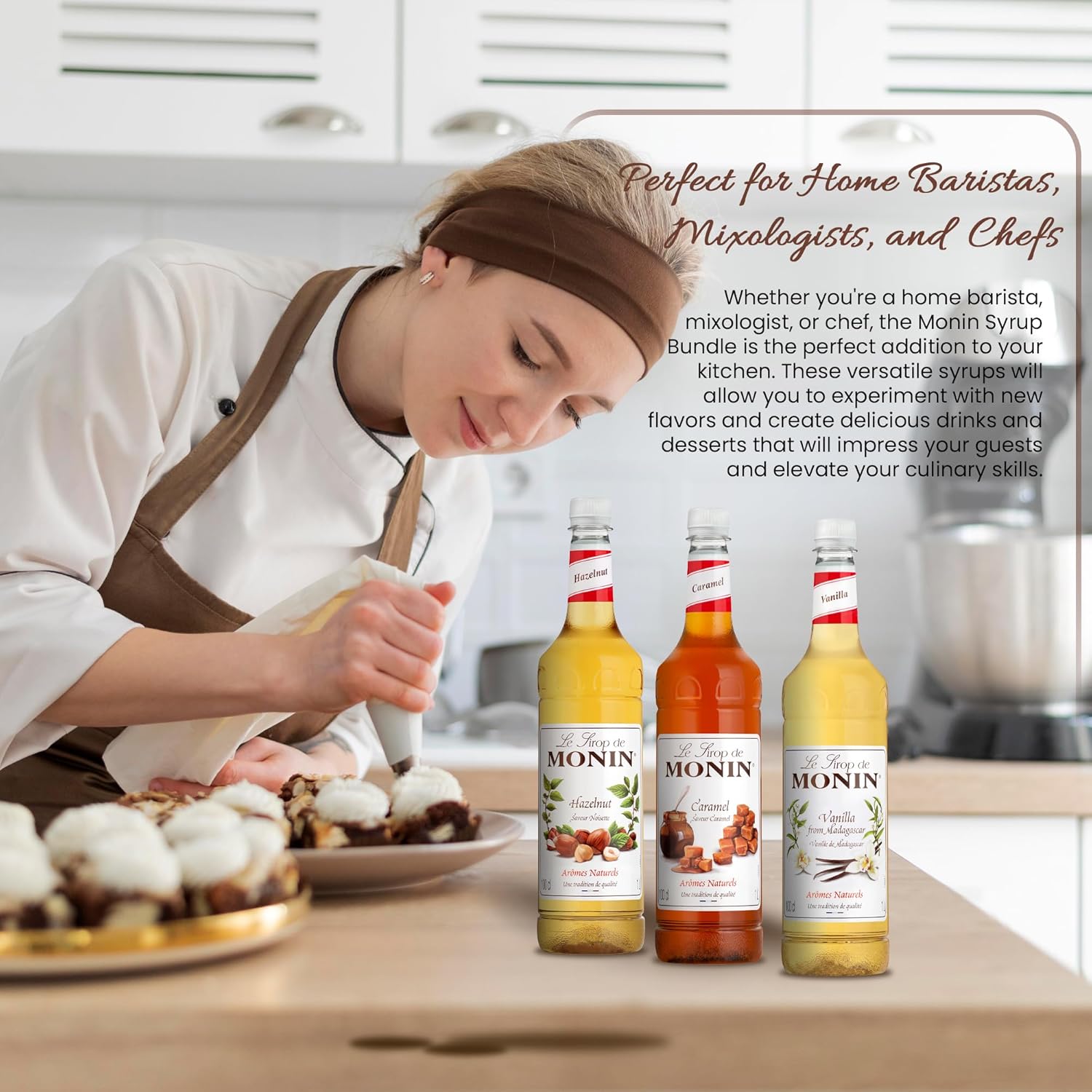 Monin Premium Flavoured Syrup Bundle | 1L Monin Syrup Bottles of Vanilla Syrup, Caramel Syrup, & Hazelnut Syrup | Cocktails & Coffee Syrup Set with Free Recipe Card-4