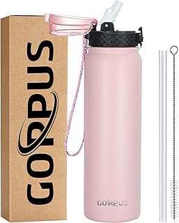 GOPPUS 1L/32oz Stainless Water Bottle with Straw Double Wall Insulated Bottles Reusable Vacuum Thermal Flask Leakproof Drinks Bottle Sports Bottle Cold Gym Bottle Men Women Steel Bottle Metal Bottle