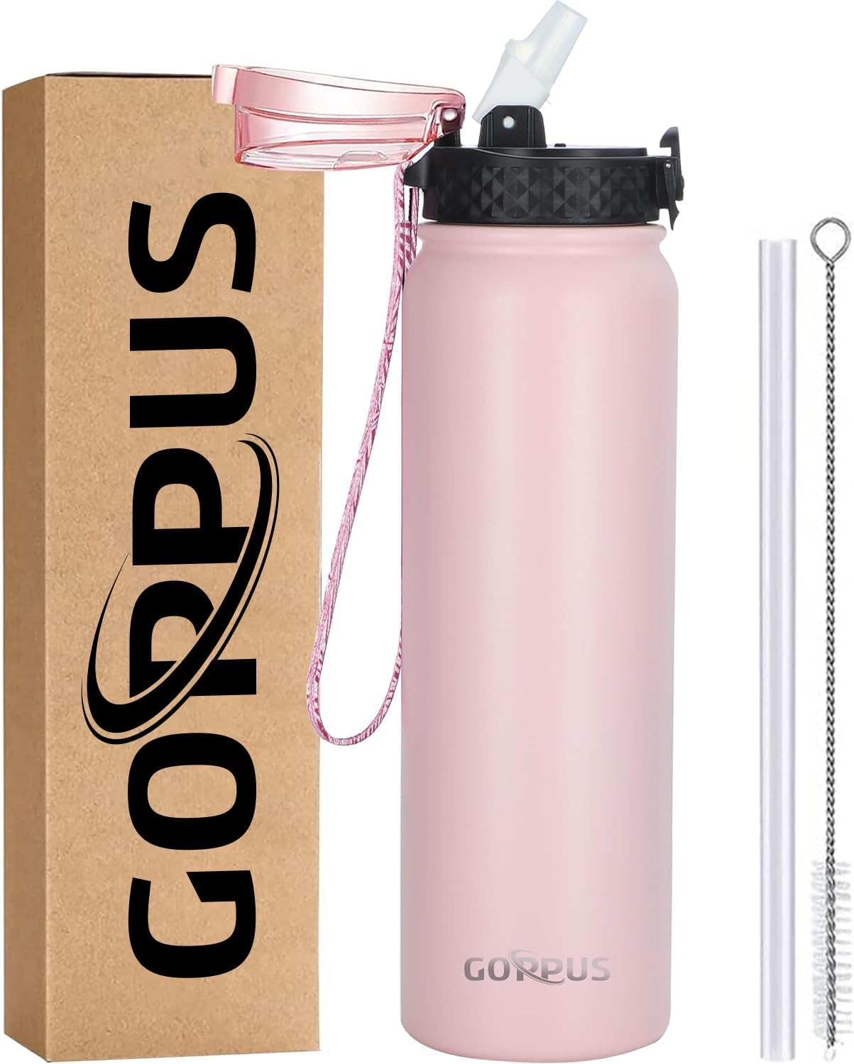 GOPPUS 1L/32oz Stainless Water Bottle with Straw Double Wall Insulated Bottles Reusable Vacuum Thermal Flask Leakproof Drinks Bottle Sports Bottle Cold Gym Bottle Men Women Steel Bottle Metal Bottle-0