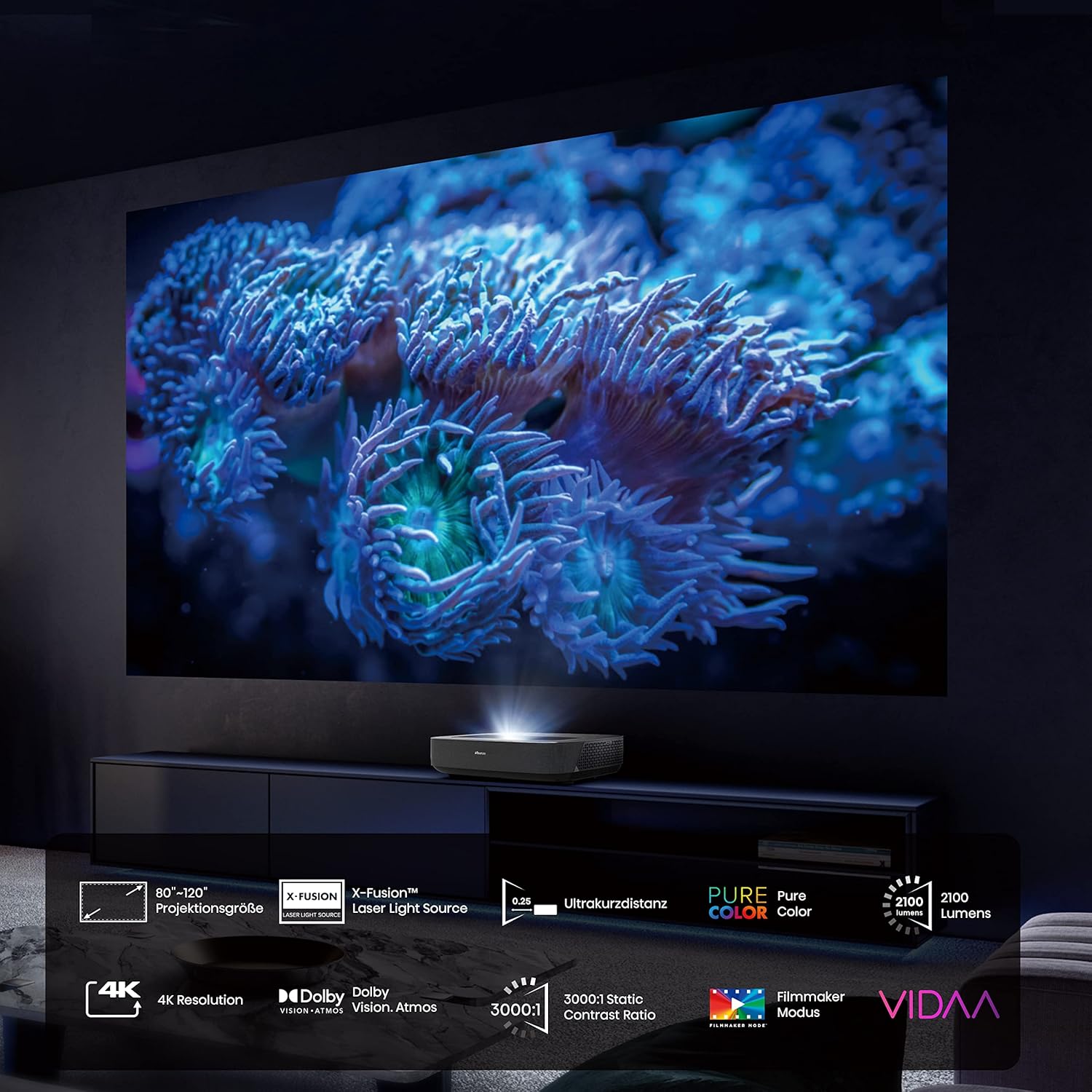 Hisense Laser Cinema PL1TUKSE Ultra Short Throw Smart Projector for 80-120 inch Large Screen, supports Vidaa U6 with Alexa, Apple Airplay, Apple Home, Dolby Vision, Dolby ATMOS and MEMC-4