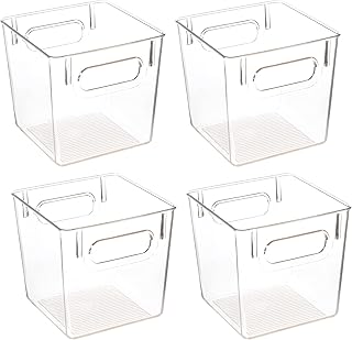 Amtido Clear Plastic Storage Bins for Fridge-Freezer, Cupboard, and Pantry Tidy - Kitchen Organiser for Food, Fruit, Vegetable, Cleaning Products & Household Items (4-Pack - Compact 15.5cm x 15.5cm)