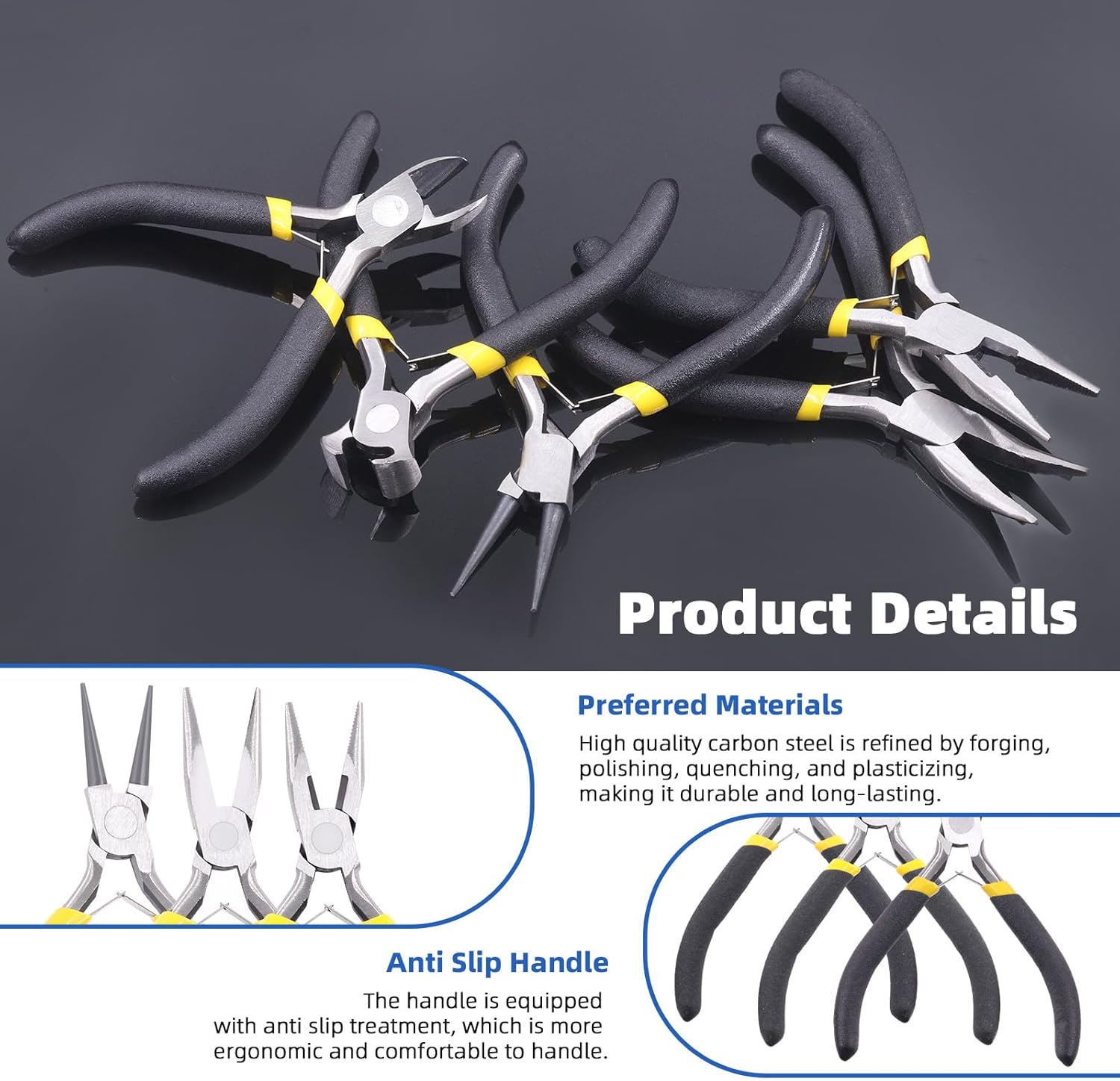 Glarks 6Pcs Jewelry Pliers Kit, Professional Jewelry Making Tool Kit with Needle Nose Pliers, Round Nose Pliers, Bent Nose Pliers, Wire Cutters, Crimping Pliers and End Nippers (6 Pliers)-2