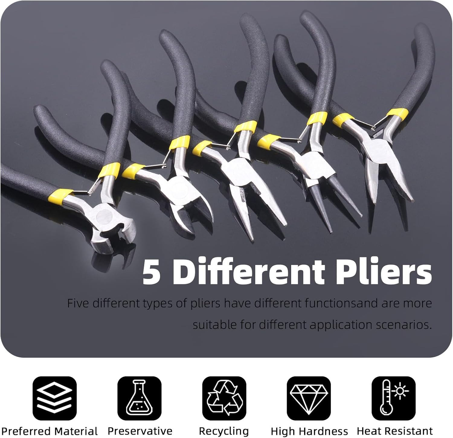 Glarks 6Pcs Jewelry Pliers Kit, Professional Jewelry Making Tool Kit with Needle Nose Pliers, Round Nose Pliers, Bent Nose Pliers, Wire Cutters, Crimping Pliers and End Nippers (6 Pliers)-3