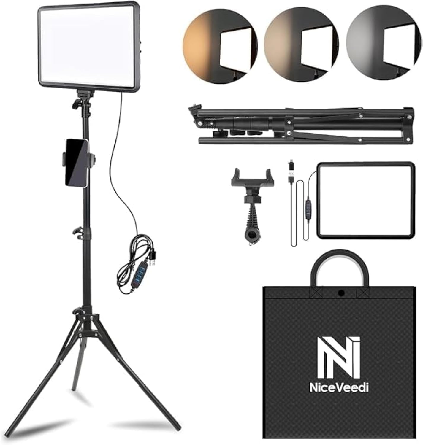 NiceVeedi LED Video Light Kit, 2800-6500K Dimmable Photography Lighting with 160cm Tripod Stand & Phone Holder, Studio Stream Lighting for Video Recording/Game Streaming/YouTube/Camera Portrait/Selfie-0