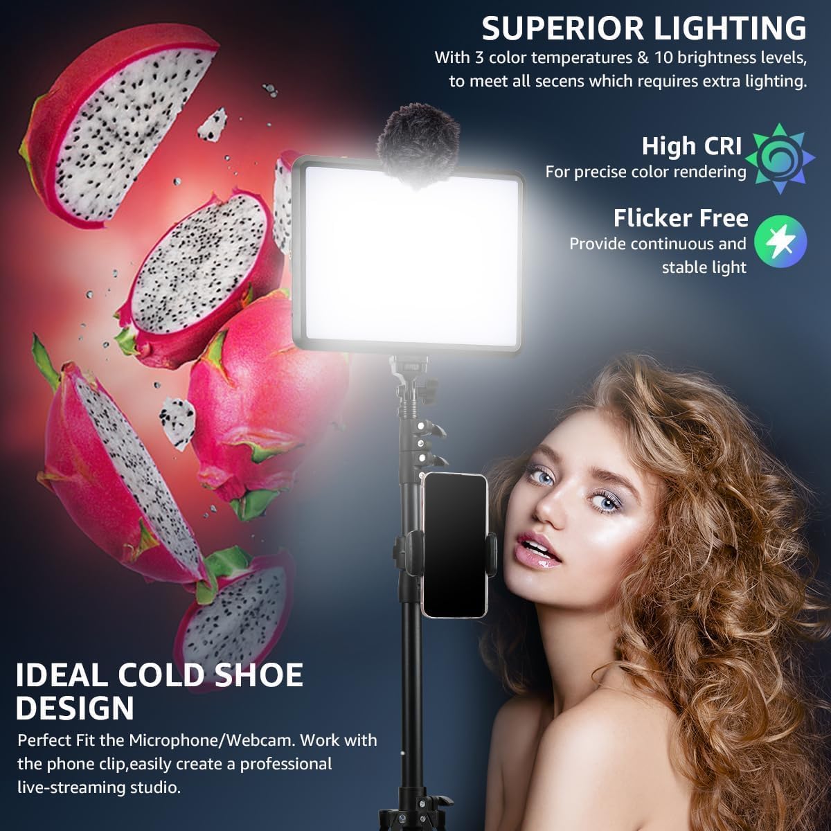 NiceVeedi LED Video Light Kit, 2800-6500K Dimmable Photography Lighting with 160cm Tripod Stand & Phone Holder, Studio Stream Lighting for Video Recording/Game Streaming/YouTube/Camera Portrait/Selfie-3