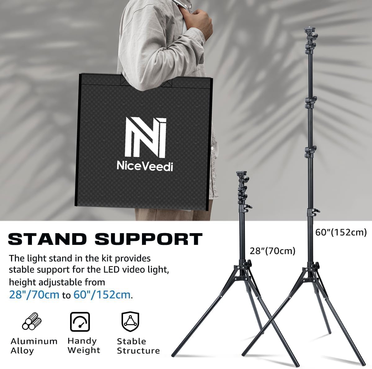 NiceVeedi LED Video Light Kit, 2800-6500K Dimmable Photography Lighting with 160cm Tripod Stand & Phone Holder, Studio Stream Lighting for Video Recording/Game Streaming/YouTube/Camera Portrait/Selfie-5