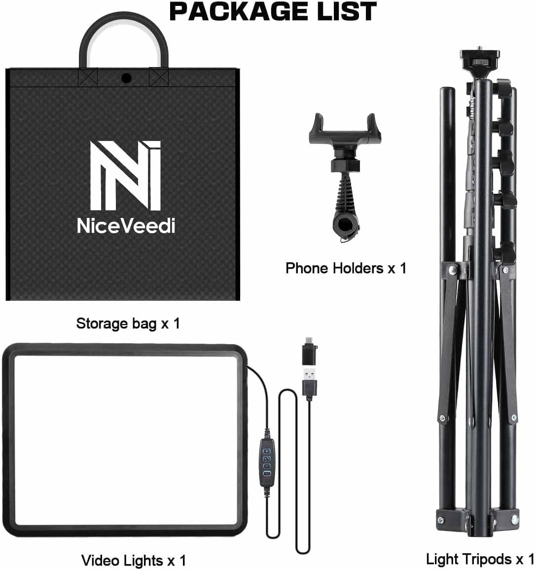 NiceVeedi LED Video Light Kit, 2800-6500K Dimmable Photography Lighting with 160cm Tripod Stand & Phone Holder, Studio Stream Lighting for Video Recording/Game Streaming/YouTube/Camera Portrait/Selfie-6