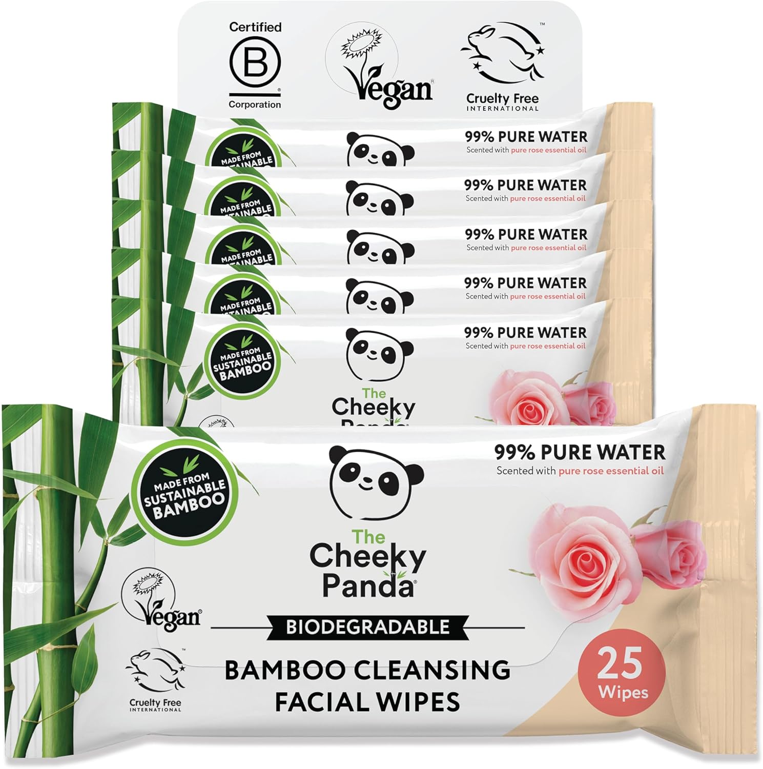 The Cheeky Panda Bamboo Face Cleanser Makeup Remover Wipes Rose Scented | 6 Packs of 25 Face Wipes | 99% Purified Water Wipes | Plant Based & Vegan Wet Wipes | Sustainable Alternative-0