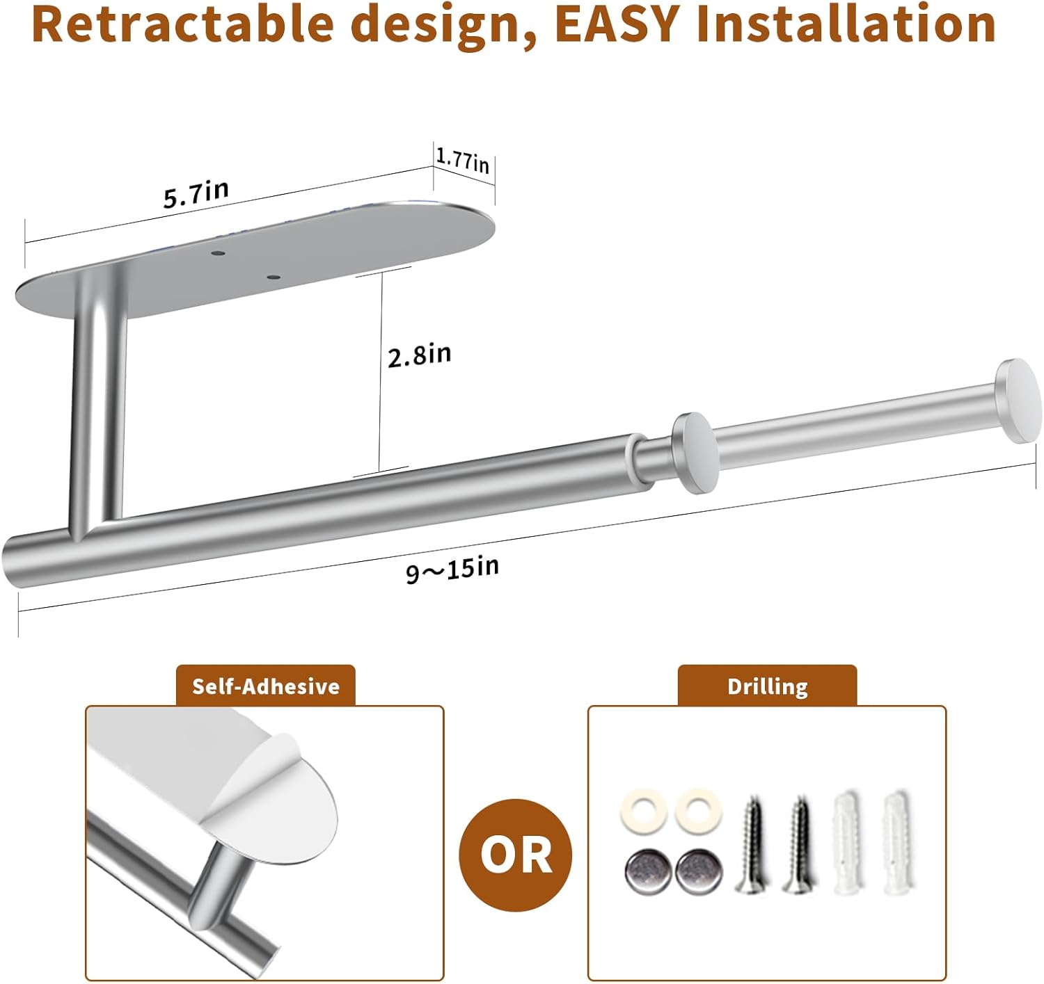 Nestling Adjustable Kitchen Roll Holder Under Cabinet, SUS 304 Stainless Steel Paper Towel Holder,Self-Adhesive or Drilling Wall Mounted Towel Rack for Kitchen,Bathroom,RV,Silver-3