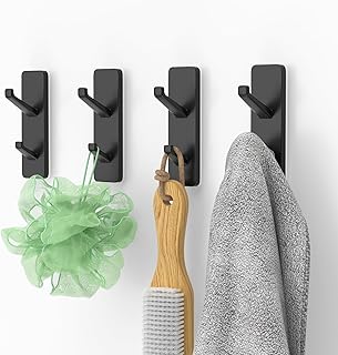 Wall Hooks Stick On for Hanging Coats - Strong Sticky Hooks for Hanging Heavy Duty (6KG), Self Adhesive Hooks Hanging Towel, Coats, Key, Towel Hooks for Bathroom, Door, Kitchen, Black, Metal, 4 Pack