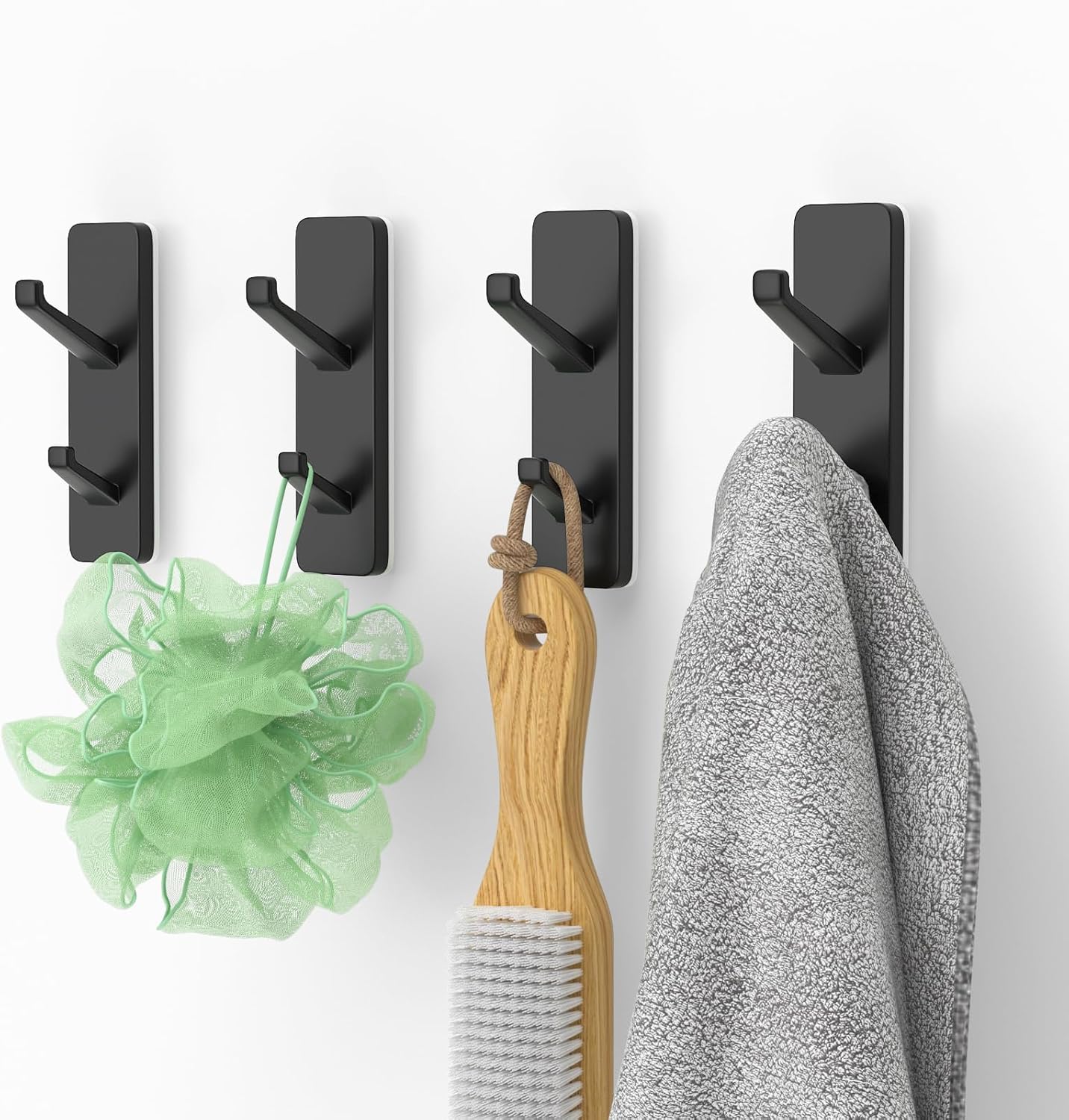 Wall Hooks Stick On for Hanging Coats - Strong Sticky Hooks for Hanging Heavy Duty (6KG), Self Adhesive Hooks Hanging Towel, Coats, Key, Towel Hooks for Bathroom, Door, Kitchen, Black, Metal, 4 Pack-0