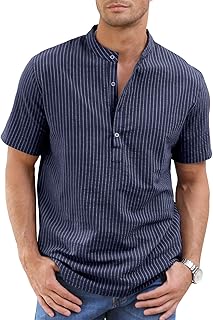 CTU Mens Linen Shirts Casual Cotton Henley Neck Striped Shirt Summer Short Sleeve Shirts