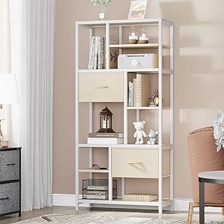 YITAHOME Bookcase, 7 Tier Bookshelf with drawers Floor Standing Book Shelf Industrial Shelving Unit Storage Rack with Steel Frame for Living Room, Office, Study, Hallway, Kitchen, Beige