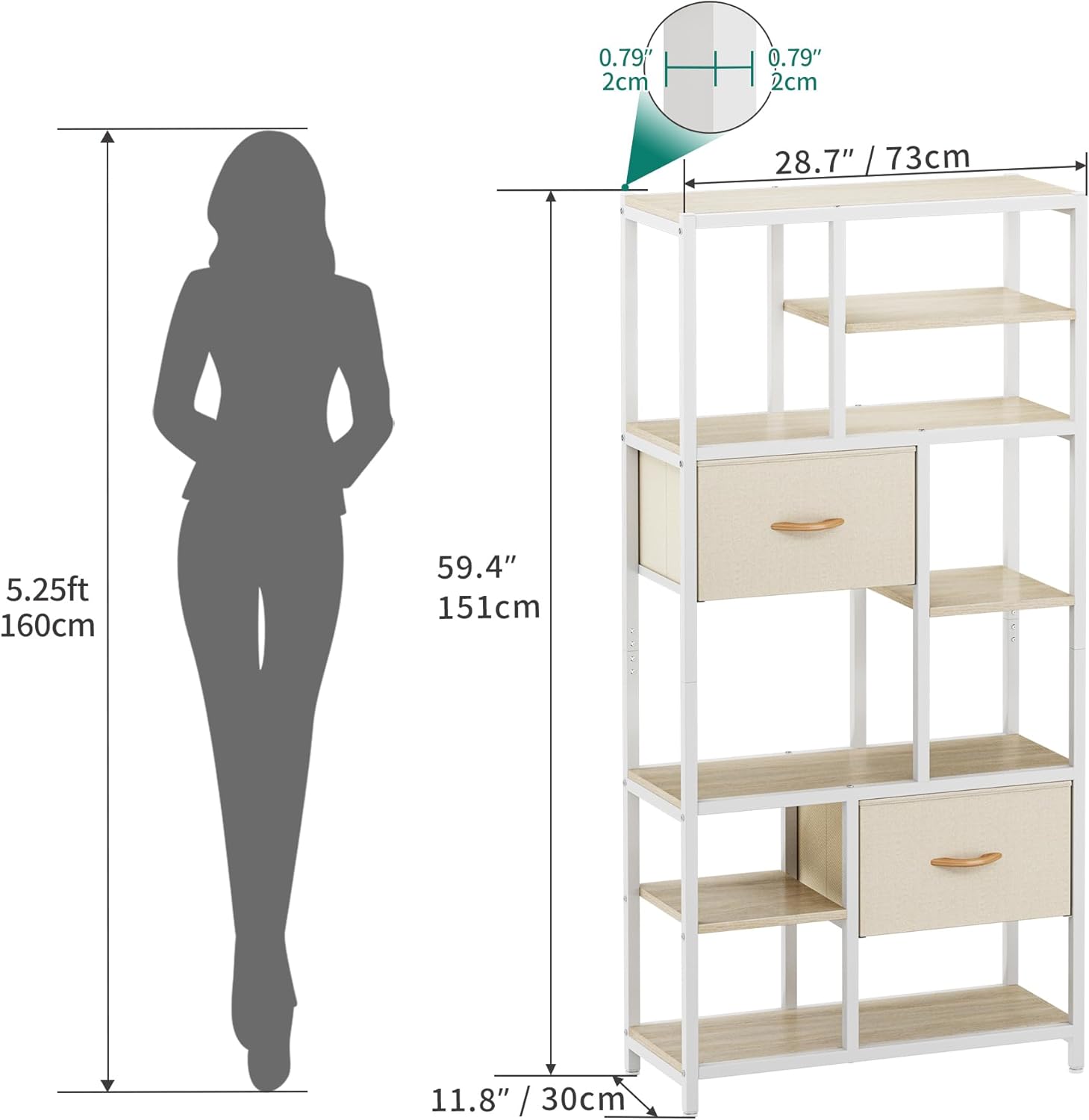 YITAHOME Bookcase, 7 Tier Bookshelf with drawers Floor Standing Book Shelf Industrial Shelving Unit Storage Rack with Steel Frame for Living Room, Office, Study, Hallway, Kitchen, Beige-1