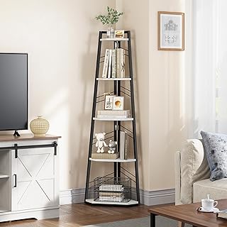 YITAHOME Corner Shelf 5 Tier, Industrial Corner Bookshelf Modern Floorstanding Corner Bookcase Ladder Shelf Wooden Open Display Shelving Unit for Living Room, Hallway, Home Office, White Book shelf