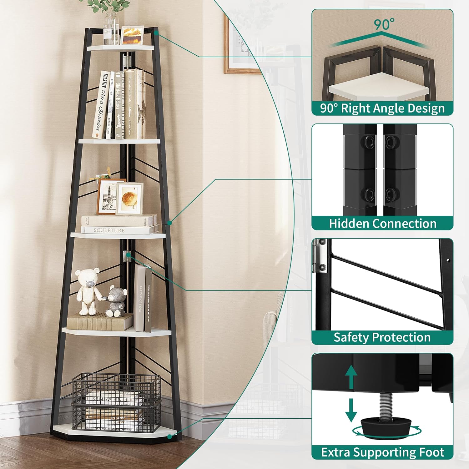 YITAHOME Corner Shelf 5 Tier, Industrial Corner Bookshelf Modern Floorstanding Corner Bookcase Ladder Shelf Wooden Open Display Shelving Unit for Living Room, Hallway, Home Office, White Book shelf-4