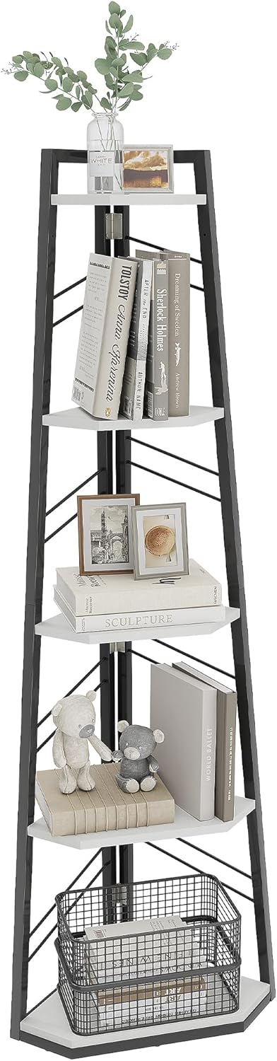 YITAHOME Corner Shelf 5 Tier, Industrial Corner Bookshelf Modern Floorstanding Corner Bookcase Ladder Shelf Wooden Open Display Shelving Unit for Living Room, Hallway, Home Office, White Book shelf-6