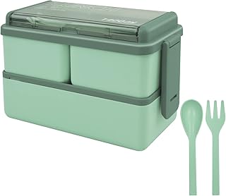 Jsdoin Bento Lunch Box Stackable,1400ml Containers with 3 Removable Compartments and Cutlery, Leak Proof 2 Layer Boxes, for Adults Kids Office Microwave Dishwasher Safe Available (Green)