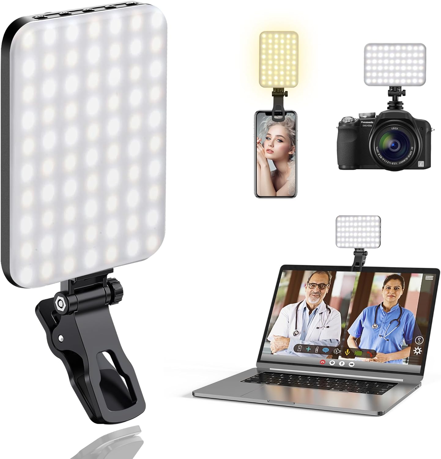 ALTSON 60 LED Portable Selfie Light Video Conference Lighting with Clip and Camera Tripod Adapter, Rechargeable 2200mAh CRI 97+, 3 Lighting Modes for Mobile Phones iPhone Camera Laptop Photo Make-up-0